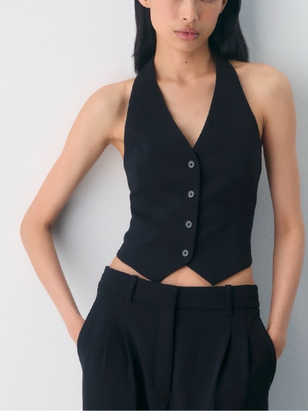 Aritzia Wilfred Black Halter Button-Front Vest Top
